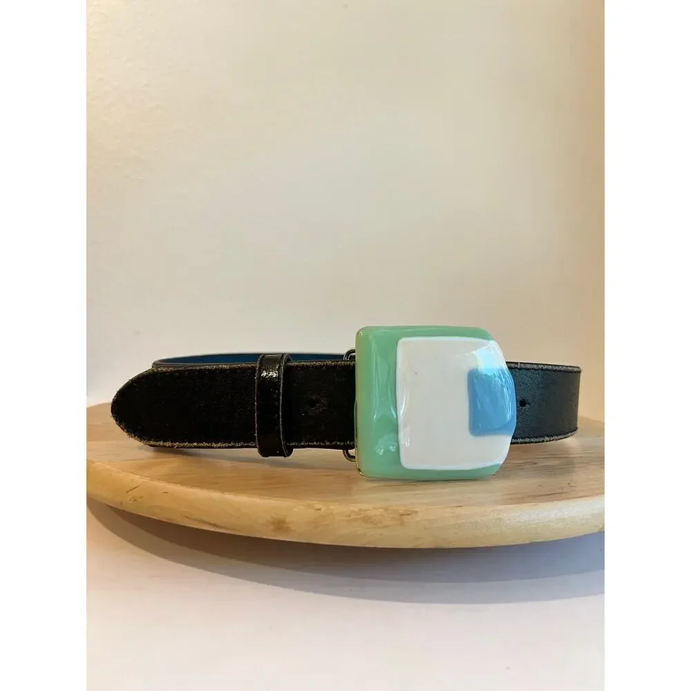 Vintage Black Italian Genuine Leather Glass Large Glass Buckle Belt Size Small